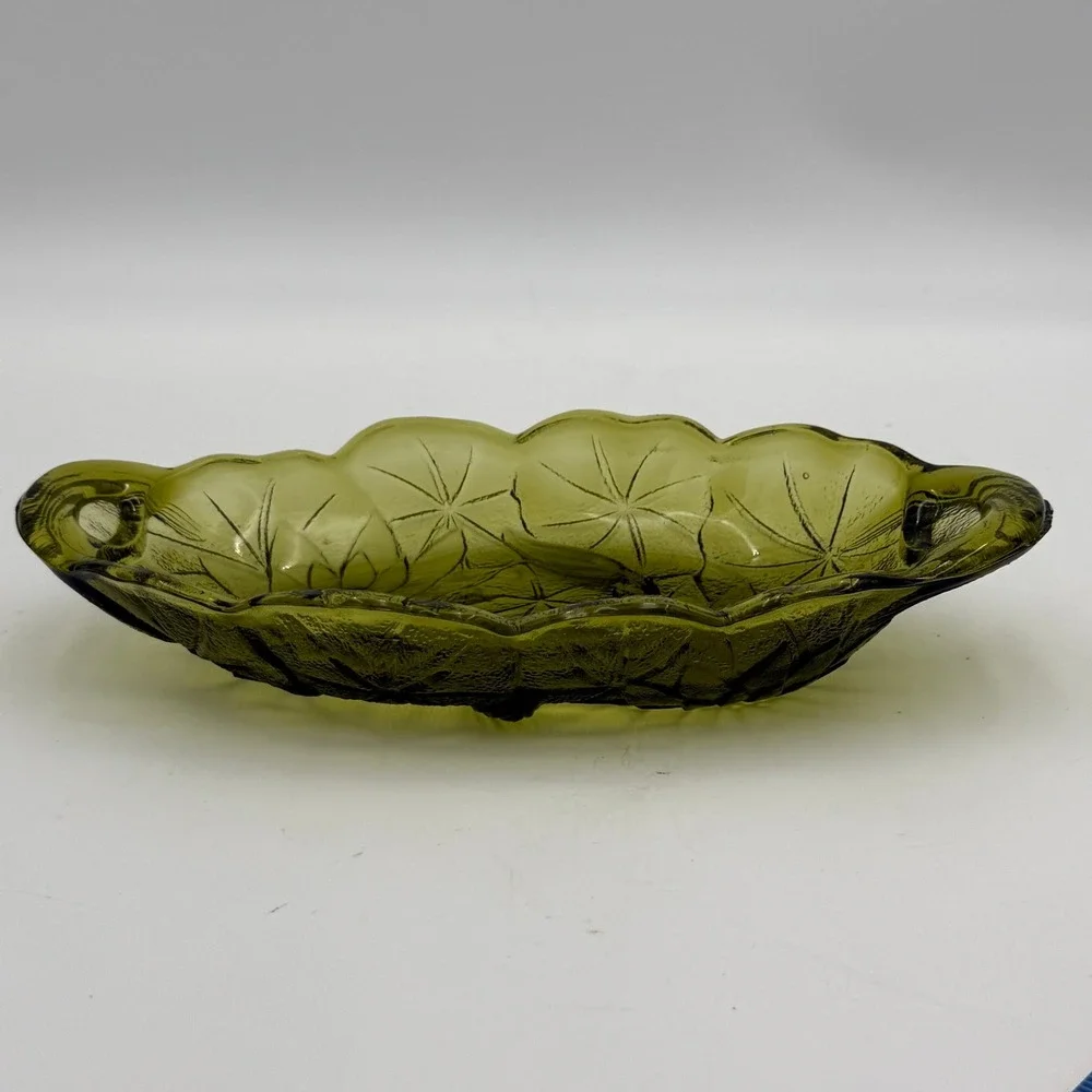 Vtg Olive Green Glass Sunflower Relish Dish Oval Scalloped Serving Tray 8.5in
